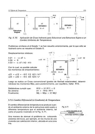 5.7 Efectos de Temperatura 175
--------.------------------------
M
.-------., <,>
tiT
Estructura
Original L
.'-'-'-"
tiT
ESTADO O
ｾＢＢＢｾ＠ li1 = O
j 
:-.'-,,,
+ 11
ＱＬＬＯｾ＠
....,.------f,- ＧＱｾｾＮｉＨＩＭＭＫ＠
I .,
, R11
ESTADO 1
ｾＢＢｾ＠ 61=1
I
I
I
Fig. 5.70. Aplicación de Cross Indirecto para Solucionar una Estructura Sujeta a un
Cambio Uniforme de Temperatura.
Problemas similares al el Estado 1 se han resuelto anteriormente, por lo que sólo se
ilustrará como se resuelve el Estado O.
Desplazamientos relativos:
621 = - a ｾｔ＠ L
634 = O a tiT h1t
623 = - a ｾｔ＠ ( h2 - h1)
Con lo cual, es posible calcular
los momentos de empotramiento:
i
h1
I
atiT L
I
ｾ＠ (;
ｦｾ＠


Id R10
ｾＨＭｾＭＭＭＭＭＭＭＭｾＭＩｾｾｱＭＭＫ＠
tiT
a tiT h2
h2
u21
u23
u12
u32
J
- 6 E 11 2 621 / h 12
ESTADO O
ｾｾ＠ 61=0
(1) (4)
I
------J---
- 6 E 123 623/ L2
L ----f
Luego se realiza un Cross convencional (grados de libertad rotacionales), determi-
nándose los momentos Mijo, para posteriormente, por equilibrio, hallar R10.
Debiéndose cumplir que:
Se obtiene:
Finalmente:
R10 + b1 R11 = O
61 = - R10 / R11
Mij = Mijo + 61 Mij1
5.7.2. Cambio Diferencial (o Gradiente) de Temperatura
El cambio diferencial de temperatura se produce cuan-
do el ambiente externo de la estnJctura está sujeto a
diferente temperatura que el ambiente interno, tal
como el puente mostrado en la Fig. 5.71.
Una manera de atenuar el problema es colocando
aislantes térmicos, por ejemplo, en los muros de una
vivienda con calefacción interior, ubicada en una zona
fría.
Fig.5.71
zona bajo sombra y b I
" /
｜ＭＭＭＷｾＭＭＭＭ
ｾ＠ Río
"'--._-- -
 