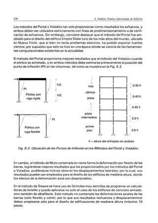 178 6. Análisis Sísmico Aproximado de Edificios
Los métodos del Portal y Voladizo tan solo proporcionan como resultados los esfuerzos, y
ambos deben ser utilizados estrictamente con fines de predimensionamiento o de verifi-
cación de esfuerzos. Sin embargo, conviene destacar que el método del Portal fue em-
pleado para el diseño del edificio Empire State (uno de los más altos del mundo, ubicado
en Nueva York). que si bien no tenía problemas sísmicos, ha podido soportar fuertes
vientos; por supuesto que esto se hizo en una época donde se carecía de las herramien-
tas computacionales existentes en la actualidad.
El método del Portal proporciona mejores resultados que el método del Voladizo cuando
el pórtico es achatado, yen ambos métodos debe estimarse primeramente la posición del
punto de inflexión (PI) en las columnas, tal como se muestra en la Fig. 6.2.
PI
Pórtico con
viga rígida
/ Pórtico con
viga flexible
h/2
h/2
PI
y
tres
últimos
pisos
11
I
pisos
intermedios
primer
piso
}, Ｍｾ＠
! 0.35 h
jo
í
i 0.40 h
;
0.45 h
<
10.5 h
1.0.6 h
. , " --¡-
h = altura del entrepiso en análisis
Fig. 6.2. Ubicación de los Puntos de Inflexión en los Métodos del Portal y Voladizo.
En cambio, el método de Muto contempla en cierta forma la deformación por flexión de las
barras, lográndose mejores resultados que los proporcionados por los métodos del Portal
o Voladizo, pudiéndose incluso obtener los desplazamientos laterales; por lo cual, sus
resultados pueden ser empleados para el diseño de los edificios de mediana altura, donde
los efectos de la deformación axial son despreciables.
En el método de Ozawa se hace uso de fórmulas muy sencillas de programar en calcula-
doras de bolsillo y puede aplicarse no solo al caso de los edificios de concreto armado,
sino también de albañilería. Este método no contempla las deformaciones axiales de las
barras (sólo flexión y corte). por lo que sus resultados (esfuerzos y desplazamientos)
deben emplearse sólo para el diseño de edificaciones de mediana altura (máximo 10
pisos).
 