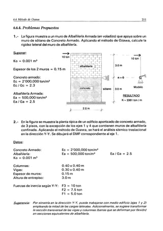 6.6 Método de Ozawa 211
6.6.4. Problemas Propuestos
1.- la figura muestra a un muro de Albañilería Armada (en voladizo) que apoya sobre un
muro de sótano de Concreto Armado. Aplicando el método de Ozawa, calcule la
rigidez lateral del muro de albañilería.
Suponer:
Ｑｾ＠ Ｑｾｲ［＠ -r ［ｉｾｩｾ＠ ｊｲ［ｾ｣＠ Ｍｾｲ＠ -
ｾ＠ 1 I r- r 1 L
2:J ,[1 ｾ＠ [ !cr 1::L 1 I
Ko = 0.001 m3
Espesor de los 2 muros = 0.1 5 m L, [ ¡ r 1-] -1 1 1 Lr ¡--
Tｾｩ＠ albañilería ｖｾ＠ T 1
3.0 m
ＬｉｾｾｉＧ｛＠ [' Ｂｊｾｬｬ＠
ｾｬ＠ -'---r 1 1 1 [
ｾｾｾｲ［ｾｾ［ｾｾｾｾｾｯｮＯｭＲ＠ ｌＱＭＧＭｌ｟Ｎｌ｟ｔｊＬｾｊ＠ ＼ｬｾ＠ ｾ＠ I n =O -
Ec / Gc = 2.3 Modelo
Albañilería Armada:
Ea = 500,000 ton/m2
Ea / Ga = 2.5
l 2.0m
iT--- ----- --'---.-.- -. -
sótano I3.0 m
[
--+-
RESULTADO
K =3361 ton / m
2.- En la figura se muestra la planta típica de un edificio aporticado de concreto armado,
de 3 pisos, con la excepción de los ejes 1 y 4 que contienen muros de albañilería
confinada. Aplicando el método de Ozawa, se hará el análisis sísmico traslacional
en la dirección Y-Y. Se dibujará el DMF correspondiente al eje 1.
Datos:
Concreto Armado:
Albañilería:
Ko = 0.001 m3
Columnas:
Vigas:
Espesor de muros:
Altura de entrepiso:
Fuerzas de inercia según Y-Y:
Ec = 2'000,000 ton/m2
Ea = 500,000 ton/m2
0.40 x 0.40 m
0.30 x 0.40 m
0.15m
3.0m
F3 = 10 ton
F2 = 7.5 ton
F1 = 5.0ton
Ea/Ga = 2.5
Sugerencia: Por simetría en la dirección Y- Y, puede trabajarse con medio edificio (ejes 1 y 2)
empleando la mitad de las cargas laterales. Adicionalmente, se sugiere transformar
la sección transversal de las vigas y columnas (barras que se deforman por flexión)
en secciones equivalentes de albañilería.
 