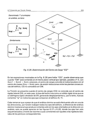 Denominado "i" al entrepiso
en análisis, se tiene:
Xcqi =
N
ｾ＠ Fyj Xcmj
j = i
Oyi
Similarmente:
Ycqi =
N
ｾ＠ Fxj Ycmj
j =i
Oxi
________215
,Xcm2 >1< CM2
Ｇｾ＠
Fy2
y
ｾＷ￭＠ CQ1
ＯＮｾｾ＠
ｾ＠ Oy1
Qy1 =Fy1 + Fy2
x
Fig. 6.26. Determinación del Centro de Carga "'CON
En las expresiones mostradas en la Fig. 6.26 para hallar "CQ", puede observarse que
cuando "CM" está contenido en el mismo plano vertical (por ejemplo, paralelo a Y-Z, con
Xcm1 = Xcm2 = Xcml, entonces, el centro de cargas coincide en todos los pisos con el
centro de masas (Xcq = Xcm); pero, de existir reducciones entre las plantas consecuti-
vas del edificio, ca no coincidirá con CM.
La Torsión se presenta cuando el centro de cargas (Ca) no coincide con el centro de
rigidez lateral (CR), en este caso, la losa del techo rota como un sólido rígido (si es que es
un diafragma rígido) alrededor de CR, generando desplazamientos y, por lo tanto, fuerzas
cortantes "qi" en todos los ejes que componen al edificio (X, Y).
Cabe remarcar que a pesar de que el análisis sísmico se esté efectuando sólo en una de
las direcciones, por torsión trabajan todos los ejes del edificio, a diferencia del análisis
sísmico traslacional que produce cortantes sólo en los ejes orientados en la dirección en
análisis; esto se puede apreciar en las figuras 6.27 y 6.28, donde los ejes han sido
esquematizados a través de resortes cuyas constantes son iguales a las rigideces late-
rales de los pórticos correspondientes.
 