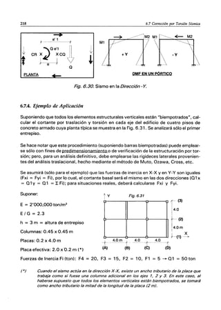 218 6.7 Corrección por Torsión Sísmica
e' 1
,f ｾｾＭＭｾＭＭｾＭＭＭＭＭＭｴ＠
ｾ＠ M2
,Oe'1 ｾ＠
CR X¿/ *CO
l-;---J
-y
O
PLANTA DMF EN UN PÓRTICO
Fig. 6.30. Sismo en la Dirección-Y.
6.7.4. Ejemplo de Aplicación
Suponiendo que todos los elementos estructurales verticales están "biempotrados", cal-
cular el cortante por traslación y torsión en cada eje del edificio de cuatro pisos de
concreto armado cuya planta típica se muestra en la Fig. 6.31. Se analizará sólo el primer
entrepiso.
Se hace notar que este procedimiento (suponiendo barras biempotradas) puede emplear-
se sólo con fines de predimensionamiento o de verificación de la estructuración por tor-
sión; pero, para un análisis definitivo, debe emplearse las rigideces laterales provenien-
tes del análisis traslacional, hecho mediante el método de Muto, Ozawa, Cross, etc.
Se asumirá (sólo para el ejemplo) que las fuerzas de inercia en X-X y en y-y son iguales
(Fxi = Fyi = Fil. por lo cual, el cortante basal será el mismo en las dos direcciones (01 x
= 01y = 01 = ｾ＠ Fi); para situaciones reales, deberá calcularse Fxi y Fyi.
Suponer:
E = 2'000,000 ton/m2
E/ G = 2.3
h = 3 m = altura de entrepiso
Columnas: 0.45 x 0.45 m
Placas: 0.2 x 4.0 m
Placa efectiva: 2.0 x·0.2 m (*)
Fig.6.31
r(3)
1
4
.0
o----I,I-----jo-----f, +-(2)
i
¡4.0m
I
. X
f--{1) ｾ＠
ｾｴ＠ 4.01!1_ (t) ＭｾﾺｾｴＭｪｾﾺＭｾＩ＠
Fuerzas de Inercia Fi (ton): F4 = 20, F3 = 15, F2 = 10, F1 = 5 -+ 01 = 50 ton
(*) Cuando el sismo actúa en la dirección X-x, existe un ancho tributario de la placa que
trabaja como si fuese una columna adicional en los ejes 1, 2 Y 3. En este caso, al
haberse supuesto que todos los elementos verticales están biempotrados, se tomará
como ancho tributario la mitad de la longitud de la placa (2 m).
 