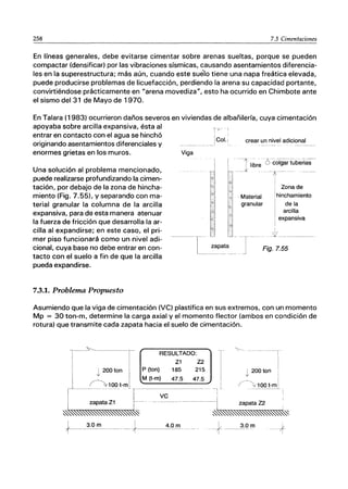 258 7.3 Cimentaciones
En líneas generales, debe evitarse cimentar sobre arenas sueltas, porque se pueden
compactar (densificar) por las vibraciones sísmicas, causando asentamientos diferencia-
les en la superestructura; más aún, cuando este suelo tiene una napa freática elevada,
puede producirse problemas de licuefacción, perdiendo la arena su capacidad portante,
convirtiéndose prácticamente en "arena movediza", esto ha ocurrido en Chimbote ante
el sismo del 31 de Mayo de 1970.
En Talara (1983) ocurrieron daños severos en viviendas de albañilería, cuya cimentación
apoyaba sobre arcilla expansiva, ésta al ·v
entrar en contacto con el agua se hinchó
originando asentamientos diferenciales y
enormes grietas en los muros. Viga
COl.f
I
ｲｾ＠
crear un nivel adicional
...- ·,11 ------
Una solución al problema mencionado,
puede realizarse profundizando la cimen-
tación, por debajo de la zona de hincha-
miento (Fig. 7.55). y separando con ma-
terial granular la columna de la arcilla
expansiva, para de esta manera atenuar
la fuerza de fricción que desarrolla la ar-
cilla al expandirse; en este caso, el pri-
mer piso funcionará como un nivel adi-
cional, cuya base no debe entrar en con-
tacto con el suelo a fin de que la arcilla
pueda expandirse.
"'1
lo]
i i
'IG!
, !
¡al
¡ l
iQi
bl
li
1
:
1
Mate"al
ｾ＠ granular
Zona de
hinchamiento
de la
arcilla
7.3.1. Problema Propuesto
i ¡
----r··· LJ LJ_
I zapata
ｾＭＭＭＭＭＭＭ
I expansiva
I
' I
__L _____ _
Fig.7.55
Asumiendo que la viga de cimentación (VC) plastifica en sus extremos, con un momento
Mp = 30 ton-m, determine la carga axial y el momento flector (ambos en condición de
rotura) que transmite cada zapata hacia el suelo de cimentación.
ＭｾｾＭＭＭＭ r RESULTADO:
Z1 Z2
1200 ton I P (ton) 185 215
___ ｾＱＰＰｴＭｭｬ＠ r ｾｾｾ＠ __ＺｾＵ＠ 47.5
I 200 ton
V I
r--::V100 t-ml
ＭＭＭＭＭｾ＠
ｾＭＭ ＭｾｾＭＭＭＭＭＭＭＭＭＭＭｾ＠ zapata Z2
ｾｾｾｾｾｾｾｾＮｾ＠ ｾｾｾ＠
zapataZ1
+-_3.0 ｾ＠ ___ . ___ t-____4'-'-..0"--'m 3.0m
 