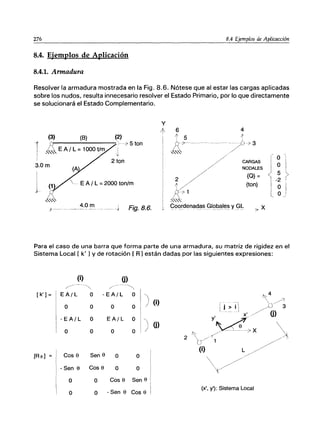 276 8.4 Ejemplos de Aplicacción
8.4. Ejemplos de Aplicación
8.4.1. Armadura
Resolver la armadura mostrada en la Fig. 8.6. Nótese que al estar las cargas aplicadas
sobre los nudos, resulta innecesario resolver el Estado Primario, por lo que directamente
se solucionará el Estado Complementario.
(3) (8) (2)
¡,---------i-¡--7 5 ton
J
T
i 0:
2 ton
i
3.0 m
- E A / L = 2000 ton/m
,f- - ＭＭＭｾＮｾＡｬＱＭＭＭＭｊ＠ Fig. 8.6.
y
/¡
CARGAS
NODALES
{Q}=
(ton)
>x
o
O
5
-2
O
O
Para el caso de una barra que forma parte de una armadura, su matriz de rigidez en el
Sistema Local [ k' 1y de rotación [ R1están dadas por las siguientes expresiones:
[k' 1=
[Re]
(i)
ｾ＠
EA/L
---" /' - Ｍｾ＠
o -EA/L o
O o o o
- E Al L O EA/L o
o o o
o
) (j)
Cos e Sen e o o
- Sen e Cos e o o
o o Cos e Sen e
o o -Sen e cose
(x', y'): Sistema Local
 