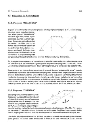 283
8.5. Programas de Computación
8.5.1. Programa "ARMADURA"
Bajo un procedimiento similar al explicado en el ejemplo del acápite 8.4.1 , con la excep-
ción que no se calculan reaccio-
nes, el programa "ARMADURA"
resuelve tijerales planos hiper-
estáticos, sujetos a varias hipó-
tesis de cargas aplicadas sobre
los nudos, también, proporcio-
nando las acciones de fijación en
los extremos de las barras (cor-
tantes y axiales), definidos posi-
tivamente en el sistema local de
referencia, el programa soporta
cargas actuantes sobre las barras, efectos de temperatura y de montaje.
En el programa se supone que los nudos son articulaciones perfectas, mientras que para
los casos en que los nudos son rígidos puede emplearse el programa "EDIFICIO", resol-
viendo al tijeral como si se tratase de un pórtico plano (ver el ejercicio 3 del acápite 8.6).
Para generar los datos debe recurrirse al manual de uso "ARMADURA.MAN", donde
además se especifica las limitaciones del programa. Estos datos se proporcionan en un
archivo de texto (empleando un nombre cualquiera) y se pueden verificar gráficamente
mediante el programa. Los resultados (axiales y cortantes en cada barra, así como los
desplazamientos de los nudos) quedan grabados en un archivo de texto, cuyo nombre lo
proporciona el usuario. El programa tiene incorporado un ejemplo de aplicación, cuyos
datos aparecen en el file ARMADURA.DAT y sus resultados en el file ARMADURA. RES.
8.5.2. Programa "PARRILLA" IIIHIlIITUlIJ W
p / / / ... ｟Ｍｾ＠
My
ＮｾＮ＠ ｾＬｺ＠ /'
Este programa permite resolver parri- . / . " ./'
lIas cuyas barras están contenidas en <C<';/ ' 0 ) / ' ' - 1
/ --_//
ｾｦｾｾｾＺ･ｾｾＺｾｾ［ｾｾｾｾｾ﾿［ｾＺｾｳｾＺｾｾｾ＠ .¿¡:< b/ｶｾｸ＠
bal X, Y, Z, dextrogiro. La parrilla pue-
de estar sujeta a varias hipótesis de cargas aplicadas sobre los nudos (Mx, My, Fz) y sobre
las barras (w, P); también, proporcionando las acciones de fijación en los extremos de las
barras, el programa soporta efectos de temperatura, desplazamientos de apoyos, etc.
Los datos se proporcionan en un archivo de texto y pueden verificarse gráficamente;
para generar los datos debe emplearse el manual de uso "PARRILLA.MAN", donde
 