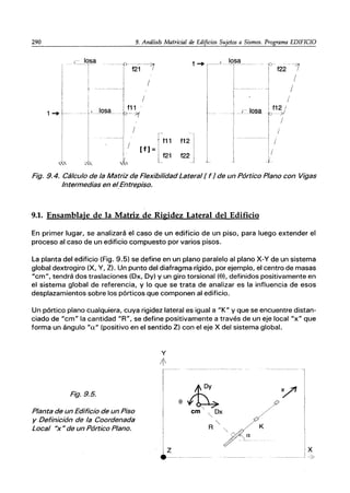 290 9. Análisis Matricial de Edificios Sujetos a Sismos. Programa EDIFICIO
¡-- losa
---r
!
1-. -
"
--ri2
'7
---i
I /
f11
--7/
/
/ [f] =
f11
f21
1-.
f12
f22
losa
'i-
i
I
c__
I
I
i
.-i ｟ｅｾｬｯｳ｡＠
I
I
I
J
f12 i
-";J
/
/
/
/
Fig. 9.4. Cálculo de la Matriz de Flexibilidad Lateral[ fJ de un Pórtico Plano con Vigas
Intermedias en el.Entrepiso.
9.1. Ensamblaje de la Matriz de Rigidez Lateral del Edificio
En primer lugar, se analizará el caso de un edificio de un piso, para luego extender el
proceso al caso de un edificio compuesto por varios pisos.
La planta del edificio (Fig. 9.5) se define en un plano paralelo al plano X-Y de un sistema
global dextrogiro (X, y, Z). Un punto del diafragma rígido, por ejemplo, el centro de masas
"cm", tendrá dos traslaciones (Dx, Dy) y un giro torsional (8), definidos positivamente en
el sistema global de referencia, y lo que se trata de analizar es la influencia de esos
desplazamientos sobre los pórticos que componen al edificio.
Un pórtico plano cualquiera, cuya rigidez lateral es igual a "K" y que se encuentre distan-
ciado de "cm" la cantidad "R", se define positivamente a través de un eje local "x" que
forma un ángulo "a" (positivo en el sentido Z) con el eje X del sistema global.
Fig.9.5.
Planta de un Edificio de un Piso
y Definición de la Coordenada
Local "x" de un Pórtico Plano. 1
12
.----_... ---------
x
---- ---------- ---=---/
 