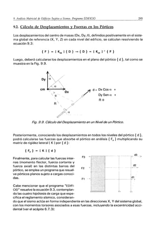 295
9.2. Cálculo de Desplazamientos y Fuerzas en los Pórticos
Los desplazamientos del centro de masas (Dx, Dy, e), definidos positivamente en el siste-
ma global de referencia (X, Y, Z) en cada nivel del edificio, se calculan resolviendo la
ecuación 9.3:
{ F } = [ KGE
1 { D } => { D } = [ KGE
1-1 { F }
Luego, deberá calcularse los desplazamientos en el plano del pórtico { d }, tal como se
muestra en la Fig. 9.9.
DYfy
cm Ｎ［ｾＮ＠ a . -j.
, ... )r. Dx
... e
 /
d = Dx Cos a +
Dy Sen a +
Re
Fig. 9.9. Cálculo del Desplazamiento en un Nivel de un Pórtico.
Posteriormente, conociendo los desplazamientos en todos los niveles del pórtico {d },
podrá calcularse las fuerzas que absorbe el pórtico en análisis { Fp } multiplicando su
matriz de rigidez lateral [ K 1por { d }:
{ Fp } = [ K 1 { d }
Finalmente, para calcular las fuerzas inter-
nas (momento flector, fuerza cortante y
fuerza axial) en las distintas barras del
pórtico, se emplea un programa que resuel-
ve pórticos planos sujeto a cargas conoci-
das.
Cabe mencionar que el programa "EDIFI-
CIO" resuelve la ecuación 9.3, contemplan-
do las cuatro hipótesis de carga que espe-
cifica el reglamento sísmico, consideran-
F3
F2
F1
d3
--T ------ -- -_'/
d2
,- 10----
i
--t-------- ｊｾｴ＠
I
I
I
do que el sismo actúa en forma independiente en las direcciones X, Y del sistema global,
con los momentos torsores asociados a esas fuerzas, incluyendo la excentricidad acci-
dental (ver el acápite 6.7.3):
 