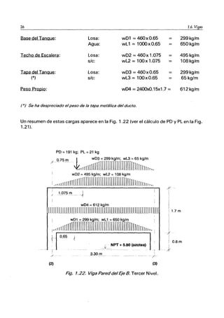 26 1.6. Vigas
Base del IaoQue: Losa: w01 == 460xO.65 299kg/m
Agua: wL1 == 1000xO.65 == 650kg/m
lecbo de Escalen;!: Losa: w02 == 460 x 1.075 495 kg/m
sIc: wL2 == 100x 1.075 108 kg/m
lapa del laoQue: Losa: w03 == 460xO.65 299 kg/m
(*) sic: wL3 = 100xO.65 65 kg/m
Peso Propio: wD4 = 24OOxO.15x1.7 = 612 kg/m
(*) Se ha despreciado elpeso de la tapa metálica del dueto.
Un resumen de estas cargas aparece en la Fig. 1.22 (ver el cálculo de PO y PL en la Fig.
1.21).
PD =191 kg; PL =21 kg
ｾ＠ - ｾ＠ Ｗｾｾ＠ H ｾｲｮｲｩｲｲｮｮｦｬｬｩｦｬｬｩｬｬｬｪￜ＠ ｉｔｉｔｾｾＺｾｨ＠
wD2 = 495 kg/m; wL2 = 108 kg/m
j .•ＧＱｾ￭ｉＱｊｔｮｮｬｮｮｉｕｬ＠ f[[lJ]lJillITllIIDnnＱＱｊｬｲＺｴｬＬｾ＠
ｾＱｪＩＷＵ＠ _"!_ ..ｾ＠
wD4 =612 kg/m
ITITlUJ.UTIUnrrillIlTfTIUlillIlliUIIllUfrIIIrrUm 1 1.7 m
I wD1 =299 kg/m;wL1=650 kg/m i
IAflTTIlJlIlIIllTIlIllilllmm11ｕｬｬｩ｛ｊｊｉｔｲｮｬｾｾ＠ I
1,',,---,1 0.65 ｾ＠ .1 ..
!,1
,_,L_NPT + 5.80 (azotea)
: !
/- ｟ｾＮﾪＨＩＮｭ｟＠ '. ;/_
(2) (3)
Fig. 1.22. Viga Pareddel Eje B. Tercer Nivel.
I
- - A"
0.8m
 