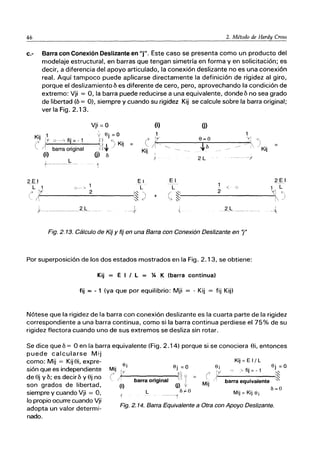 46 2. Método de Hardy Cross
C.- Barra con Conexión Deslizante en "j". Este caso se presenta como un producto del
modelaje estructural, en barras que tengan simetría en forma y en solicitación; es
decir, a diferencia del apoyo articulado, la conexión deslizante no es una conexión
real. Aquí tampoco puede aplicarse directamente la definición de rigidez al giro,
porque el deslizamiento f) es diferente de cero, pero, aprovechando la condición de
extremo: Vji = 0, la barra puede reducirse a una equivalente, donde f) no sea grado
de libertad (f) = O), siempre y cuando su rigidez Kij se calcule sobre la barra original;
ver la Fig. 2.13.
Vji=O (i) (j)
<. Sj = o
Ｇｾ＠ ,
ｾＬﾡＬ＠ ) Kij
(j) o
1 1
e/j)'.,7_',_____S...,Tr-=_O____ｾｽﾡ＠ ")
_'i'0. '"KiJ'
Kij I
.f 2 L - ; f
El 2 E I
El
L L 1 .( o 1 L
_ ____2
______---:'1 ,.
ｾＱ］ｊ＠
L 1 (}__ , 1
ｉｾ＠ '
(" ｾｬＧＭｦ＠ ____
2 _ _ _,
Ｚｾ＠ ¡/ +
I
;
ｾｉ＠
ｾｩ＠ ])
, 2L
,f'--------------- --- 1 --'l
Fig. 2. 13. Cálculo de Kij y fij en una Barra con Conexión Deslizante en ']"
Por superposición de los dos estados mostrados en la Fig. 2.13, se obtiene:
Kij = E I / L = ｾＧｋ＠ (barra continua)
fij = - 1 (ya que por equilibrio: Mji = - Kij = fij Kij)
Nótese que la rigidez de la barra con conexión deslizante es la cuarta parte de la rigidez
correspondiente a una barra continua, como si la barra continua perdiese el 75% de su
rigidez flectora cuando uno de sus extremos se desliza sin rotar.
Se dice que f) = °en la barra equivalente (Fig. 2.14) porque si se conociera 8i, entonces
puede calcularse Mij
como: Mij = Kij 8i, expre-
sión que es independiente
de 8j y f); es decir f) y 8j no
son grados de libertad,
siempre y cuando Vji = 0,
lo propio ocurre cuando Vji
adopta un valor determi-
nado.
(J'
Sj =O
ｾＬｩｪ＠ 1/
, /'+-,-------IBi 9
barra original ._, I
(i)
L
ü) IY
0,1,0
------jo-
"
Kij = E 1/ L
Si (Jj = O
¡y o ) . fij = - 1 ',...'"
(' ａＭＭＭＭＭＭＭＭＺｾ＠
Mij barra equivalente
0=0
Mij = Kij Si
Fig. 2.14. Barra Equivalente a Otra con Apoyo Deslizante.
 