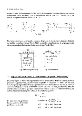 2. Método de Hardy Cross 47
- - - -
Otra forma de demostrar que 6 no es grado de libertad es viendo si 6 está relacionada
linealmente con Si. En la Fig. 2.15 se observa que Vji = 6 E 1Si / L2
- 12 E 16/ L3
= O, de
la cual se logra la relación lineal: 6 = Si L/ 2.
ó
{----'-- ---1
S', ［Ｒｾ＠ Si 9;:-' Ó
L L2
i' 11 (:l) Ｈｾｉ＠
"- ;11'------g " + ,; ｾ＠
4EI Si fi.I;:.l t
·_-C L2 Si i
Fig.2.15
Ｑｾ｟ｾ＠ Ó J.,
_L3_
ÓJ )
Nuevamente se hace notar que la reducción de grados de libertad se realiza con el objeto
de facilitar el análisis manual (Fig. 2.16b); en cambio, si se hace uso de un programa de
cómputo, puede trabajarse con la barra continua (Fig. 2.16a).
2L --+
(') wm I}VI "JIUJl]
I "" ___ -,,---6__- ｾ＠
I (j)
 viga continua
K" K" 4EI
 IJ = JI =T"
fij = fji = 1/2
6 1= O
ｾＬ＠ ,
f-- ｌＭＭｾ＠
[l1NJlTIll ". ej = O
(i) ,,(j) 6 = o
viga equivalente
Kij= ti
fij = - 1
Fig. 2.16a (computacional) Fig. 2. 16b (manual)
2.4. Rigidez al Giro Relativa o Coeficiente de Rigidez a Flexión (kij)
En primer lugar, se define a la rigidez estándar de la estructura (Ka) a un valor que uno lo
proporciona, por ejemplo, usualmente se adopta Ka = 1000 cm3
= 0.001 m3
• Por otro
lado, la rigidez al giro absoluta (Kij) depende del módulo de elasticidad (E), el cual al ser un
valor muy alto (E (concreto) 2'000,000 ton/m2
; E (acero) 21 '000,000 ton/m2
), dificulta
el análisis manual; por lo que para trabajar con valores pequeños y adimensionales, se
define al coeficiente de rigidez a flexión de una barra i-j como:
De esta manera, para una
barra prismática deformable
por flexión se tendrá:
k
" Kij
1J - 4 E Ka
kij (continua) _4§ I / L_
-4 E Ka - L Ka
kij (:¡ - - h )
kij (J
3/4 k (continua)
1/4 k (continua)
 