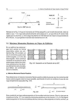 72
f,5.94
(A)
/
15.26 ｾ＠
/:
¡
/
(6)
12.40
Fig 3.4. DMF (ton-m)
3. Análisis Simplificado de Vigas Sujetas a Carga Vertical
NUDO "8" 1,
1.43
-c' 15.26 ,+. 12.4
I
",-
1.43
0.03
columna
(C) central inferior:
1.43/2 = 0.71
Nótese en la Fig. 3.4 que el momento en e-B es pequeño y se invierte de sentido, esto se
debe a que: 1) la viga está prácticamente articulada en e, ya que ella es 6 veces más
rígida que la columna; y, 2) la carga resultante en A-B (30 ton) es mayor a la que existe en
s-e (8 ton), lo que genera inversión de momentos en e-B.
3.2. Máximos Momentos Flectores en Vigas de Edificios
En un edificio las sobrecar-
gas (sIc) actúan en forma
esporádica sobre sus am-
bientes (Fig. 3.5); es decir, un
día el ambiente puede estar
sobrecargado y al otro día
descargado. Esta continua
variación en la posición de la
sobrecarga origina los máxi-
mos esfuerzos en los diver-
sos elementos estructurales,
que deben ser contempla-
dos en el diseño.
Fig. 3.5. Variación en la Posición de la SIC
a.- Máximo Momento Flector Positivo
Para determinar el máximo momento flector positivo debe buscarse que los extremos del
tramo sobrecargado roten lo mayor posible, asimilando el tramo en análisis al caso de una
viga simplemente apoyada (Fig. 3.6).
w
1II IIII11 1III111111111111 11 1111111 111
(+) 1 W L2
8
w
1111I11111111I11I111II1I I1I111111111
1 W L2
12 ｾ＠ (-)
ｾ＠
Fig.3.6 1 W L2
24
(+)
(-) Ｇｾ＠
ｾ＠
(3 veces menor)
Esta condición se logra sobrecargando en forma alternada los tramos. Para la viga que se
muestra en la Fig. 3.7, los máximos momentos positivos en los tramos 1-2 y 3-4 se logran
sobrecargando en forma simultánea dichos tramos y descargando al tramo central, ya
 