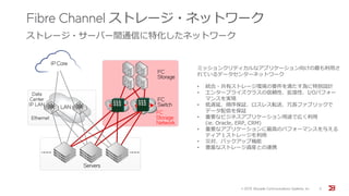 Fibre Channel ストレージ・ネットワーク
ストレージ・サーバー間通信に特化したネットワーク
ミッションクリティカルなアプリケーション向けの最も利用さ
れているデータセンターネットワーク
• 統合・共有ストレージ環境の要件を満たす為に特別設計
• エンタープライズクラスの信頼性、拡張性、I/Oパフォー
マンスを実現
• 低遅延、順序保証、ロスレス転送、冗長ファブリックで
データ配信を保証
• 重要なビジネスアプリケーション用途で広く利用
(ie. Oracle, ERP, CRM)
• 重要なアプリケーションに最高のパフォーマンスを与える
ティア１ストレージを利用
• 災対、バックアップ機能
• 豊富なストレージ資産との連携
LAN
FC
Storage
FC
Storage
Network
Servers
Data
Center
IP LAN
FC
Switch
Ethernet
IP Core
© 201５ Brocade Communications Systems, Inc. 11
 