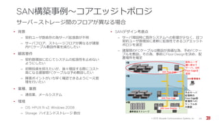 SAN構築事例～コアエッジトポロジ
サーバ－ストレージ間のフロアが異なる場合
• 背景
‒ 契約ユーザ数依存の為サーバ拡張数が不明
‒ サーバフロア、ストレージフロアが異なるが建屋
内FCケーブル敷設作業を減らしたい
• 顧客要件
‒ 契約数増加に応じてシステムの拡張性を止めない
ようにしたい
‒ 初期投資を抑えたいが、後々増設する際にコスト
高になる建屋間FCケーブルは予め敷設したい
‒ 障害ポイントがいち早く確認できるように一元管
理を行いたい
• 業種、業務
‒ 通信業、メールシステム
• 環境
‒ OS: HPUX 11i v2, Windows 2008
‒ Storage: ハイエンドストレージ 数台
• SANデザイン考慮点
‒ サーバ増設時に既存システムへの影響が少なく、且つ
契約ユーザ数増加に柔軟に拡張性できるコアエッジト
ポロジを選定
‒ 建屋間のFCケーブルは敷設が高価な為、予めFCケー
ブルを敷設。その為、事前にFloor Designを決め、配
置場所を確定
© 201５ Brocade Communications Systems, Inc. 24
 