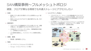 SAN構築事例～フルメッシュトポロジ
建屋、フロアが異なる環境でも共通ストレージにアクセスしたい
• 背景
‒ 新規システム導入及び既存システムを新規Storageへ接
続したい
‒ 既存システムのフロアはすでに置き場所がない為、別フ
ロアを用意
• 顧客要件
‒ どのシステムでも基盤統合システムを使いたいが、建屋
が異なる、また建屋内でもフロアが分かれてしまう
‒ 5年後のサーバパフォーマンス向上、業務量増加を見越
し、広帯域のSANを作りたい
‒ SAN管理を簡易化し、FCパフォーマンス管理を実現し
たい
• 業種、業務
‒ 製造業、基幹業務システム
• 環境
‒ OS: HPUX 11i v2, Windows 2008 数十台
‒ Storage: ハイエンドストレージ 数台
• SANデザイン考慮点
‒ 3フロアにサーバ、ストレージが分散配備されどのフロア
のサーバからもストレージアクセスが必要。SAN Switchの
Hop数を減らし最短経路を選択できる為低遅延アクセスが
可能なフルメッシュ構成を実施
‒ SAN管理ツール（Brocade Network Advisor）により全ての
SAN Directorの障害監視、SANパフォーマンス監視、SAN
トポロジマップ表示等で一元管理を実現
© 201５ Brocade Communications Systems, Inc. 25
 