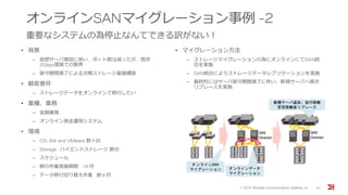 オンラインSANマイグレーション事例 -2
重要なシステムの為停止なんてできる訳がない！
• 背景
‒ 仮想サーバ増加に伴い、ポート数は減ったが、既存
2Gbps環境での限界
‒ 保守期間満了による次期ストレージ基盤構築
• 顧客要件
‒ ストレージデータをオンラインで移行したい
• 業種、業務
‒ 金融業様
‒ オンライン資金運用システム
• 環境
‒ OS: AIX and VMware 数十台
‒ Storage: ハイエンドストレージ 数台
‒ スケジュール
‒ 移行作業実施期間 1ヶ月
‒ データ移行切り替え作業 数ヶ月
• マイグレーション方法
‒ ストレージマイグレーションの為にオンラインにてSAN統
合を実施
‒ SAN統合によりストレージデータレプリケーションを実施
‒ 最終的にはサーバ保守期間満了に伴い、新規サーバへ順次
リプレースを実施
© 201５ Brocade Communications Systems, Inc. 27
 