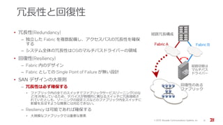 冗長性と回復性
• 冗長性(Redundancy)
‒ 独立した Fabric を複数配備し、アクセスパスの冗長性を確保
する
‒ システム全体の冗長性はOSのマルチパスドライバーの領域
• 回復性(Resiliency)
‒ Fabric 内のデザイン
‒ Fabric としての Single Point of Failure が無い設計
• SAN デザインの大原則
‒ 冗長性は必ず確保する
• ファブリック内の全てのスイッチでファブリックサービス(ゾーニングDBな
ど)を共有しているため、デバイスが物理的に異なるスイッチに冗長接続さ
れていたとしも、ゾーニングの設定ミスなどのファブリック内全スイッチに
影響を及ぼすような障害には対応できない。
‒ Resiliency は可能であれば確保する
• 大規模なファブリックでは重要な要素
Fabric A Fabric B
経路冗長構成
回復性のある
ファブリック
経路切替は
マルチパス
ドライバー
© 201５ Brocade Communications Systems, Inc. 31
 