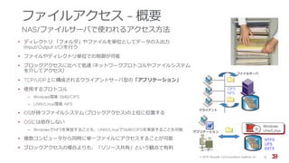 ファイルアクセス - 概要
NAS/ファイルサーバで使われるアクセス方法
• ディレクトリ 「フォルダ」やファイルを単位としてデータの入出力
(Input/Output :I/O)を行う
• ファイルやディレクトリ単位での制御が可能
• ブロックアクセスに比べて低速 (ネットワークプロトコルやファイルシステム
を介してアクセス）
• TCP/UDP上に構成されるクライアントサーバ型の「アプリケーション」
• 使用するプロトコル
‒ Windows環境: SMB/CIFS
‒ UNIX/Linux環境: NFS
• OSが持つファイルシステム (ブロックアクセス)の上位に位置する
• OSには依存しない
‒ WindowsでNFSを実装することも、UNIX/LinuxでSMB/CIFSを実装することも可能
• 複数コンピュータから同時に単一ファイルにアクセスすることが可能
• ブロックアクセスの場合よりも、「リソース共有」という観点で有利
Windows
Unix/Linux
NTFS
UFS
EXT3
アプリケーション
ユーザー
CIFS
NFS
クライアント
ファイルサーバ
© 201５ Brocade Communications Systems, Inc. 8
 