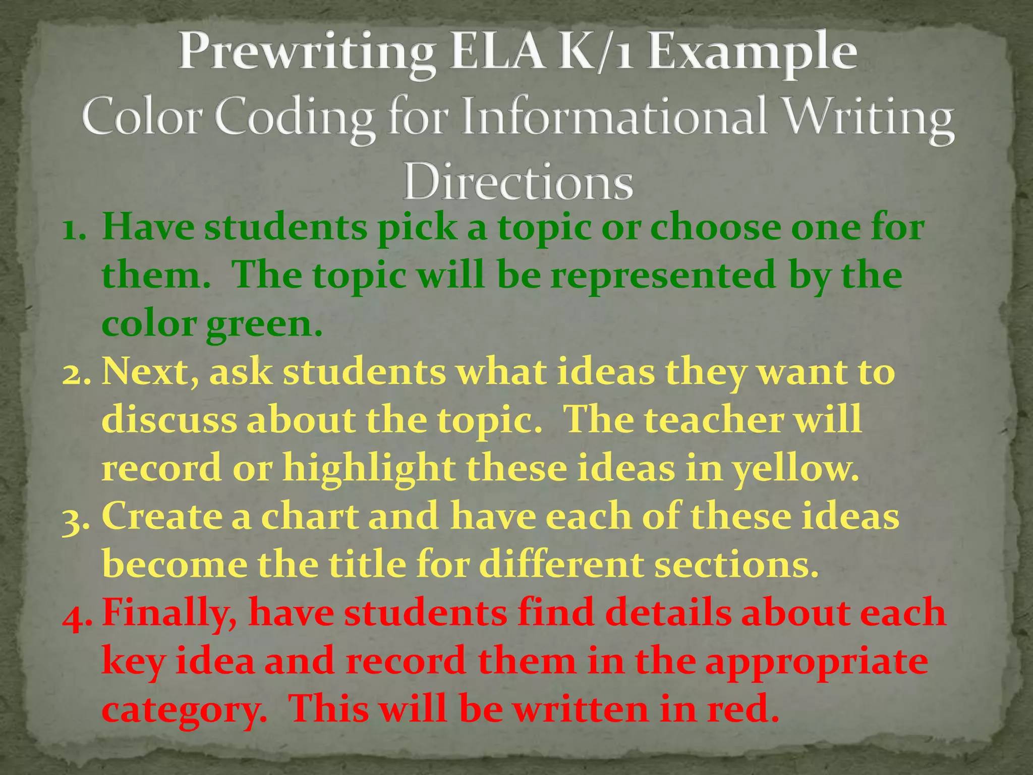 1. Have students pick a topic or choose one for
   them. The topic will be represented by the
   color green.
2. Next, ask students what ideas they want to
   discuss about the topic. The teacher will
   record or highlight these ideas in yellow.
3. Create a chart and have each of these ideas
   become the title for different sections.
4. Finally, have students find details about each
   key idea and record them in the appropriate
   category. This will be written in red.
 