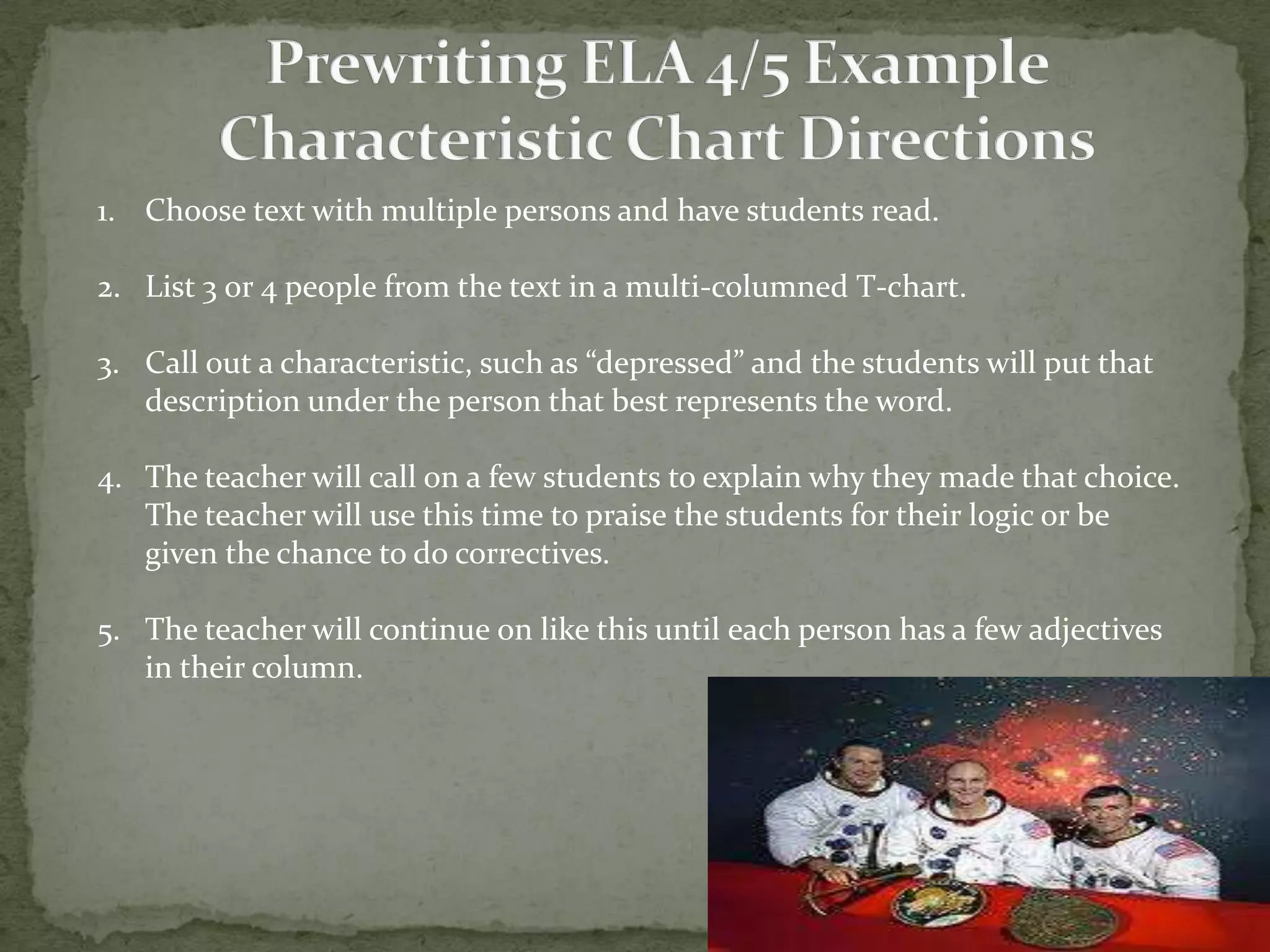 1. Choose text with multiple persons and have students read.

2. List 3 or 4 people from the text in a multi-columned T-chart.

3. Call out a characteristic, such as “depressed” and the students will put that
   description under the person that best represents the word.

4. The teacher will call on a few students to explain why they made that choice.
   The teacher will use this time to praise the students for their logic or be
   given the chance to do correctives.

5. The teacher will continue on like this until each person has a few adjectives
   in their column.
 