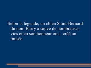Selon la légende, un chien Saint-Bernard du nom Barry a sauvé de nombreuses vies et en son honneur on a  créé un musée  