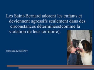 Les Saint-Bernard adorent les enfants et deviennent agressifs seulement dans des  circonstances déterminées (comme la violation de leur territoire). http://dai.ly/fu0EWv   