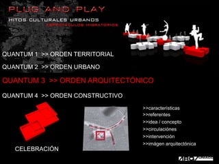 QUANTUM 1  &gt;&gt; ORDEN TERRITORIAL QUANTUM 2  &gt;&gt; ORDEN URBANO QUANTUM 3  &gt;&gt; ORDEN ARQUITECTÓNICO QUANTUM 4  &gt;&gt; ORDEN CONSTRUCTIVO &gt;&gt;características &gt;&gt;referentes &gt;&gt;idea / concepto &gt;&gt;circulaciónes &gt;&gt;intervención &gt;&gt;imágenarquitectónica CELEBRACIÓN 