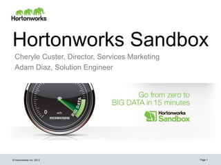 © Hortonworks Inc. 2013
Hortonworks Sandbox
Cheryle Custer, Director, Services Marketing
Adam Diaz, Solution Engineer
Page 1
 