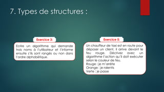 7. Types de structures :
Exercice 3:
Ecrire un algorithme qui demande
trois noms à l’utilisateur et l’informe
ensuite s’ils sont rangés ou non dans
l’ordre alphabétique.
Exercice 5:
Un chauffeur de taxi est en route pour
déposer un client, il arrive devant le
feu rouge. Décrivez avec un
algorithme l’action qu’il doit exécuter
selon le couleur de feu.
Rouge : je m’arrête
Orange : je ralentis
Verte : je passe
 