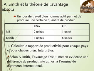 . A. Smith et la théorie de l’avantage
absolu
USA GB
Blé 2 unités 1 unité
Textile 4 unités 6 unités
Slide
2-5
 Un jour de travail d’un homme actif permet de
produire une certaine quantité de produit.
1- Calculer le rapport de productivité pour chaque pays
et pour chaque bien. Interpréter.
Selon A smith, l’avantage absolu met en évidence une
différence de productivité qui est à l’origine du
commerce international.
 