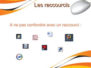 Les raccourcisLes raccourcis
A ne pas confondre avec un raccourci :
 