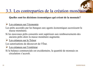 3.3. Les contreparties de la création monétaire Quelles sont les décisions économiques qui créent de la monnaie? Les créances sur l’économie Les prêts accordés par les banques aux agents économiques accroissent la masse monétaire. Si les nouveaux prêts consentis sont supérieurs aux remboursements des anciens prêts alors la masse monétaire augmente. Les créances sur le Trésor Les autorisations de découvert de l’État. Les créances sur l’extérieur Si la balance commerciale est excédentaire, la quantité de monnaie en circulation s’accroît. M.HOUSSAS 