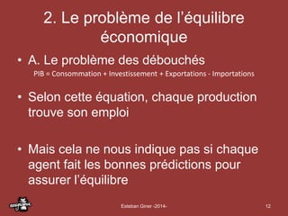 2. Le problème de l’équilibre 
économique 
• A. Le problème des débouchés 
PIB = Consommation + Investissement + Exportati...