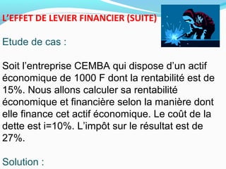 L’EFFET DE LEVIER FINANCIER (SUITE)
Etude de cas :
Soit l’entreprise CEMBA qui dispose d’un actif
économique de 1000 F dont la rentabilité est de
15%. Nous allons calculer sa rentabilité
économique et financière selon la manière dont
elle finance cet actif économique. Le coût de la
dette est i=10%. L’impôt sur le résultat est de
27%.
Solution :
 