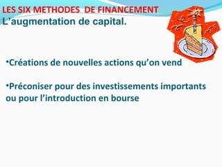 LES SIX METHODES DE FINANCEMENT
L’augmentation de capital.
•Créations de nouvelles actions qu’on vend
•Préconiser pour des investissements importants
ou pour l’introduction en bourse
 