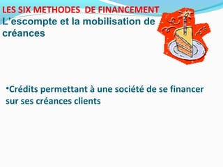 LES SIX METHODES DE FINANCEMENT
L’escompte et la mobilisation de
créances
•Crédits permettant à une société de se financer
sur ses créances clients
 