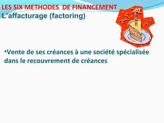 LES SIX METHODES DE FINANCEMENT
L’affacturage (factoring)
•Vente de ses créances à une société spécialisée
dans le recouvrement de créances
 