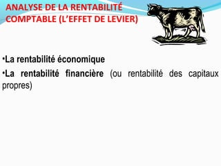 ANALYSE DE LA RENTABILITÉ
COMPTABLE (L’EFFET DE LEVIER)
•La rentabilité économique
•La rentabilité financière (ou rentabilité des capitaux
propres)
 