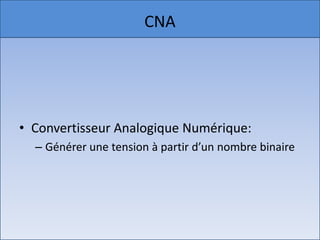 CNAConvertisseur Analogique Numérique:Générer une tension à partir d’un nombre binaire