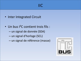 IICInter Integrated CircuitUn bus I²C contient trois fils :un signal de donnée (SDA) un signal d'horloge (SCL) un signal de référence (masse)