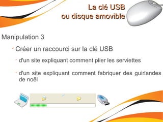 La clé USBLa clé USB
ou disque amovibleou disque amovible
Manipulation 3

Créer un raccourci sur la clé USB

d'un site expliquant comment plier les serviettes

d'un site expliquant comment fabriquer des guirlandes
de noël
 