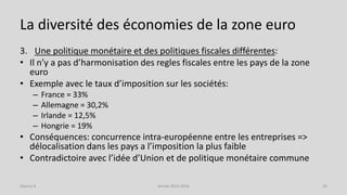 La diversité des économies de la zone euro
3. Une politique monétaire et des politiques fiscales différentes:
• Il n’y a p...