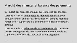Marché des changes et balance des paiements
2. Impact des flux économiques sur le marché des changes:
Lorsque X < IM => vente nette de monnaie nationale pour
pouvoir acheter en devises a l’étranger => l’offre de monnaie
nationale est supérieure a la demande => le taux de change E
diminue
Lorsque X > IM => achat net de monnaie nationale contre des
devises étrangeres=> la demande de monnaie nationale est
supérieure a l’offre => le taux de change E augmente
Année 2015-2016 12Séance 9
 