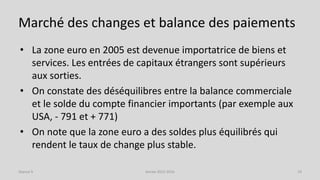 Marché des changes et balance des paiements
• La zone euro en 2005 est devenue importatrice de biens et
services. Les entrées de capitaux étrangers sont supérieurs
aux sorties.
• On constate des déséquilibres entre la balance commerciale
et le solde du compte financier importants (par exemple aux
USA, - 791 et + 771)
• On note que la zone euro a des soldes plus équilibrés qui
rendent le taux de change plus stable.
Année 2015-2016 19Séance 9
 