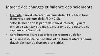 Marché des changes et balance des paiements
• Exemple: Taux d’intérets directeurs de la BCE = 4% et taux
d’intérets directeurs de la FED = 2,5%.
• Selon la théorie de la parité des taux d’intérets, il y aura
entrée de capitaux étrangers dans la zone euro et sortie de
capitaux aux Etats-Unis.
• Conséquence: l’euro s’apprécie par rapport au dollar
• Ainsi, une stabilité de l’inflation et des taux d’intérets permet
d’avoir des taux de changes plus stables
Année 2015-2016 22Séance 9
 