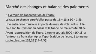 Marché des changes et balance des paiements
• Exemple de l’appréciation de l’euro:
Le taux de change euro/dollar passe de 1€ = 1$ a 1€ = 1,5$.
Une entreprise francaise importe du mais des Etats-Unis. Elle
paie son fournisseur en dollar et la tonne de mais coute 200$.
Avant l’apprécaition de l’euro, 1 tonne coutait 200€ (1€=1$) a
l’entreprise francaise. Apres l’apprécaition de l’euro, 1 tonne ne
coute plus que 133,3€ (1€=1,5$).
Année 2015-2016 8Séance 9
 