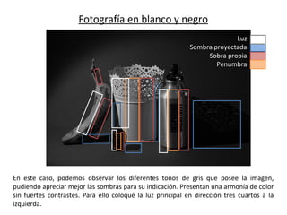 Fotografía en blanco y negro
En este caso, podemos observar los diferentes tonos de gris que posee la imagen,
pudiendo apreciar mejor las sombras para su indicación. Presentan una armonía de color
sin fuertes contrastes. Para ello coloqué la luz principal en dirección tres cuartos a la
izquierda.
Luz
Sombra proyectada
Sobra propia
Penumbra
 
