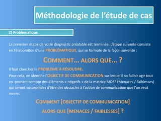 Méthodologie	
  de	
  l’étude	
  de	
  cas
2)	
  Probléma,que

La	
  première	
  étape	
  de	
  votre	
  diagnosEc	
  préalable	
  est	
  terminée.	
  L’étape	
  suivante	
  consiste	
  
en	
  l’élaboraEon	
  d’une	
  PROBLÉMATIQUE,	
  qui	
  se	
  formule	
  de	
  la	
  façon	
  suivante	
  :

                               COMMENT…	
  ALORS	
  QUE…	
  ?
Il	
  faut	
  chercher	
  le	
  PROBLÈME	
  À	
  RÉSOUDRE.	
  	
  
Pour	
  cela,	
  on	
  idenEﬁe	
  l’OBJECTIF	
  DE	
  COMMUNICATION	
  sur	
  lequel	
  il	
  va	
  falloir	
  agir	
  tout	
  
en	
  	
  prenant	
  compte	
  des	
  éléments	
  «	
  négaEfs	
  »	
  de	
  la	
  matrice	
  MOFF	
  (Menaces	
  /	
  Faiblesses)	
  
qui	
  seront	
  suscepEbles	
  d’être	
  des	
  obstacles	
  à	
  l’acEon	
  de	
  communicaEon	
  que	
  l’on	
  veut	
  
mener.

                        COMMENT	
  [OBJECTIF	
  DE	
  COMMUNICATION]	
  
                          ALORS	
  QUE	
  [MENACES	
  /	
  FAIBLESSES]	
  ?
 