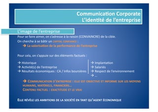 Communica%on	
  Corporate	
  
                                                                      L’iden%té	
  de	
  l’entreprise	
  
L’image	
  de	
  l’entreprise	
  
Pour	
  se	
  faire	
  aimer,	
  on	
  s’adresse	
  à	
  la	
  raison	
  (CONVAINCRE)	
  de	
  la	
  cible.	
  	
  
On	
  cherche	
  à	
  se	
  bâFr	
  un	
  CAPITAL	
  CONFIANCE	
  :	
  
    	
  	
  La	
  valorisa%on	
  de	
  la	
  performance	
  de	
  l’entreprise	
  

Pour	
  cela,	
  on	
  s’appuie	
  sur	
  des	
  éléments	
  factuels	
  :	
  

 	
  Historique	
                                                        	
  ImplantaFon	
  
 	
  AcFvité(s)	
  de	
  l’entreprise	
                                  	
  Salariés	
  
	
  Résultats	
  économiques	
  :	
  CA	
  /	
  Infos	
  boursières	
    	
  Respect	
  de	
  l’environnement	
  
                                                                         	
  …	
  
     	
  	
  COMMUNICATION	
  D’ENTREPRISE	
  :	
  ELLE	
  EST	
  OBJECTIVE	
  ET	
  INFORME	
  SUR	
  LES	
  MOYENS	
  
         HUMAINS,	
  MATÉRIELS,	
  FINANCIERS…	
  
         CONTENU	
  FACTUEL	
  :	
  EXACTITUDE	
  ET	
  LE	
  VRAI	
  

ELLE	
  RÉVÈLE	
  LES	
  AMBITIONS	
  DE	
  LA	
  SOCIÉTÉ	
  EN	
  TANT	
  QU’AGENT	
  ÉCONOMIQUE	
  
 