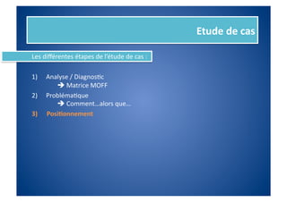 Etude	
  de	
  cas	
  

Les	
  diﬀérentes	
  étapes	
  de	
  l’étude	
  de	
  cas	
  :	
  

1)    Analyse	
  /	
  DiagnosFc	
  	
  
           	
  	
  Matrice	
  MOFF	
  
2)  ProblémaFque	
  	
  
           	
  	
  Comment…alors	
  que…	
  
3)  	
  Posi%onnement	
  
 