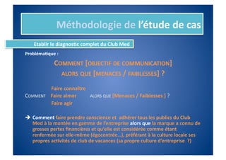 Méthodologie	
  de	
  l’étude	
  de	
  cas	
  
                  Etablir	
  le	
  diagnos%c	
  complet	
  du	
  Club	
  Med	
  
Probléma%que	
  :	
  

                                                           COMMENT	
  [OBJECTIF	
  DE	
  COMMUNICATION]	
  	
  
                                                             ALORS	
  QUE	
  [MENACES	
  /	
  FAIBLESSES]	
  ?	
  

            	
   	
                   	
  	
  	
  	
  	
  	
  Faire	
  connaître	
  
COMMENT	
  	
  	
  	
  Faire	
  aimer                                                                       	
  	
  	
  	
  	
  ALORS	
  QUE	
  [Menaces	
  /	
  Faiblesses	
  ]	
  ?	
  
	
  	
  	
  	
  	
  	
  	
  	
  	
  	
  	
  	
  	
  	
  	
  	
  	
  	
  	
  	
  	
  Faire	
  agir	
  	
  

  Comment	
  faire	
  prendre	
  conscience	
  et	
  	
  adhérer	
  tous	
  les	
  publics	
  du	
  Club	
  
   Med	
  à	
  la	
  montée	
  en	
  gamme	
  de	
  l’entreprise	
  alors	
  que	
  la	
  marque	
  a	
  connu	
  de	
  
   grosses	
  pertes	
  ﬁnancières	
  et	
  qu’elle	
  est	
  considérée	
  comme	
  étant	
  
   renfermée	
  sur	
  elle-­‐même	
  (égocentrée…),	
  préférant	
  à	
  la	
  culture	
  locale	
  ses	
  
   propres	
  ac%vités	
  de	
  club	
  de	
  vacances	
  (sa	
  propre	
  culture	
  d’entreprise	
  	
  ?)	
  	
  	
  
 