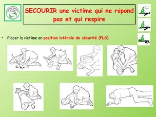 SECOURIR une victime qui ne r é pond pas et qui respire Placer la victime en  position latérale de sécurité (PLS) 